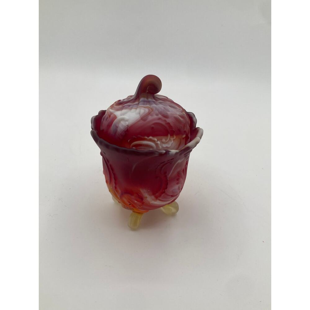 Vintage Red & White Slag Glass Covered Dish Candy Jar on Tripod Feet